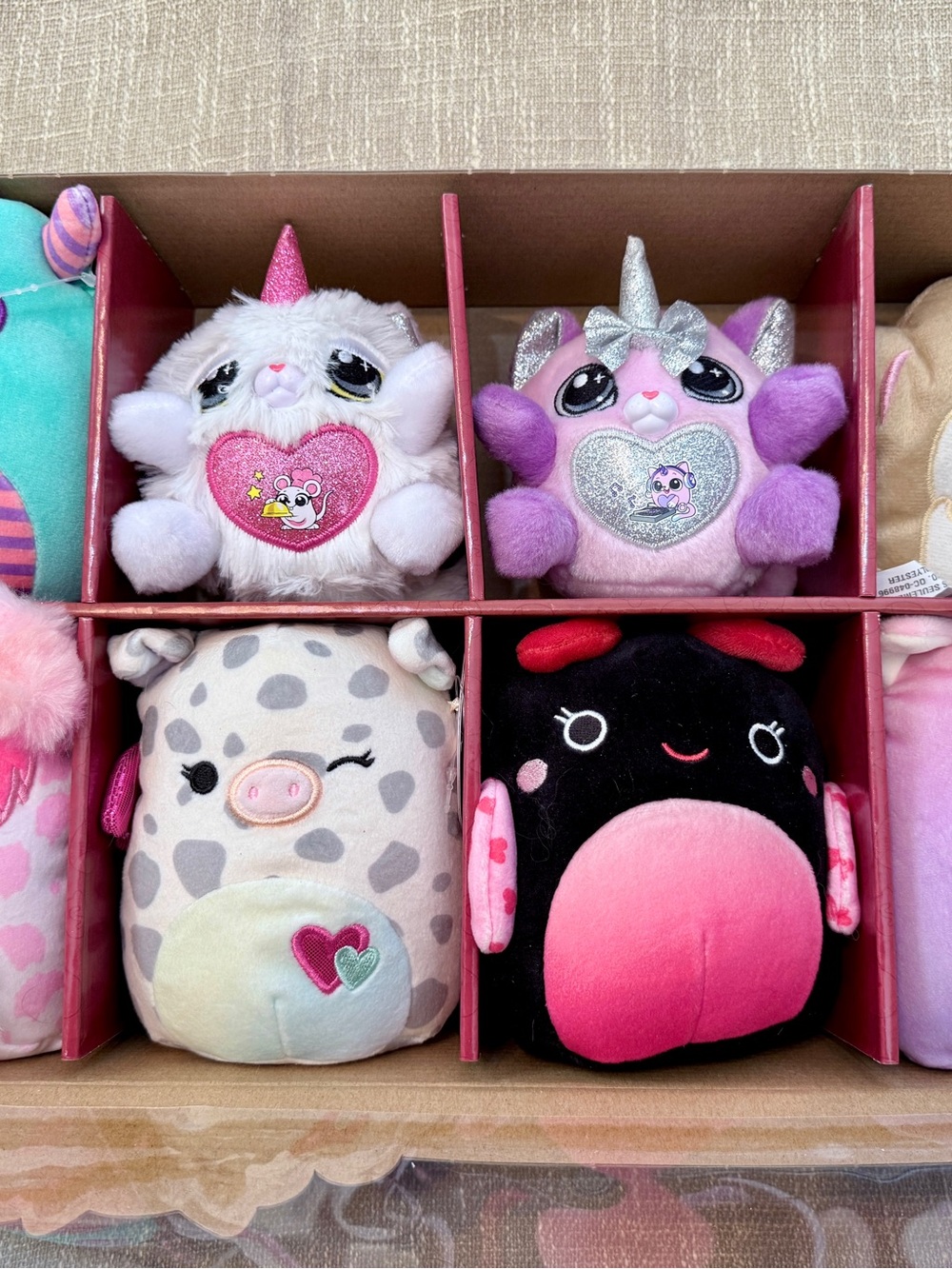 Box with 5 New Tagged Original Squishmallows, plus 3 miscellaneous.